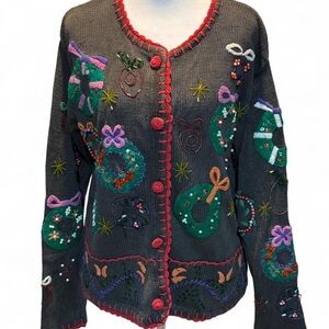 Black Cotton Ramie Christmas Embellished Cardigan Sweater Sz large P-P 22” L 23”